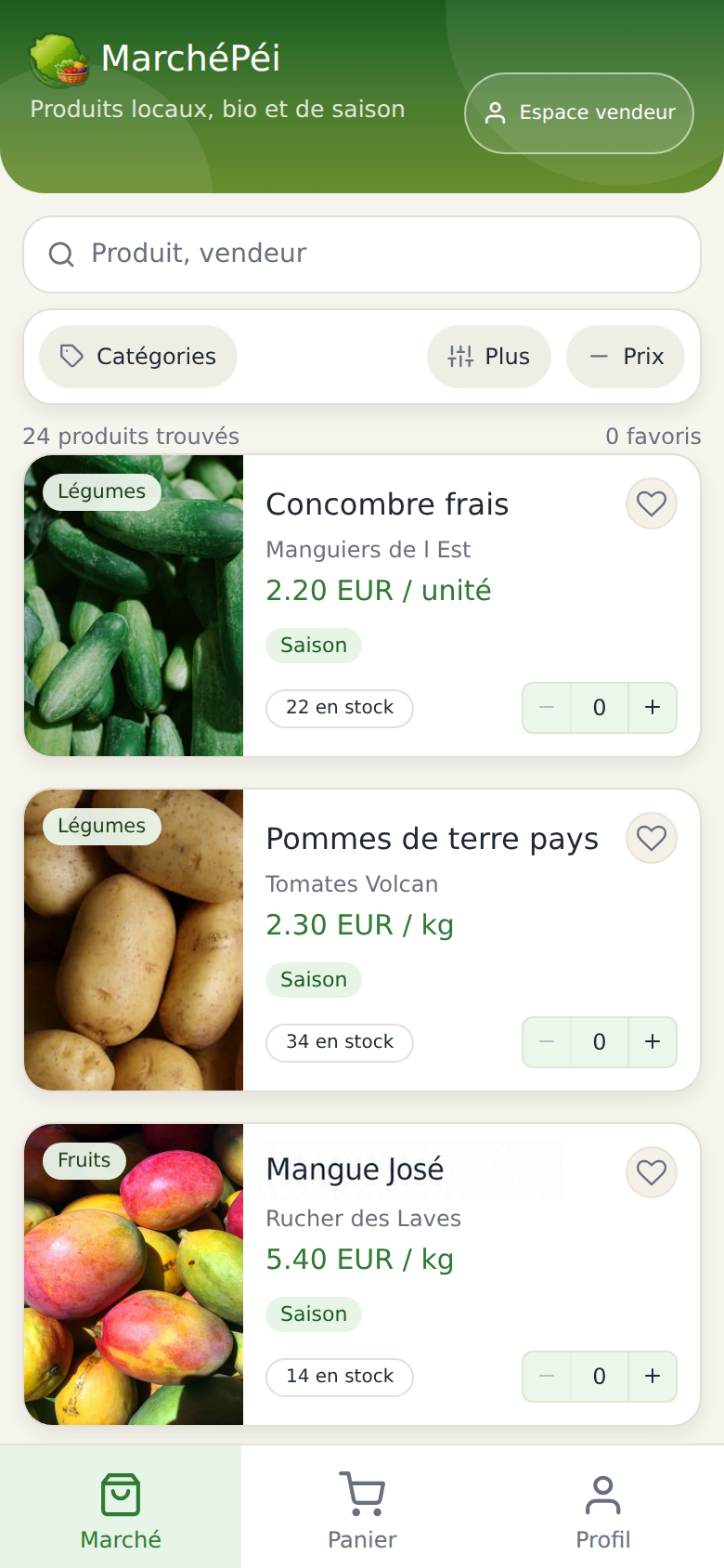 Capture récente de l’accueil de l’application MarchePei affichant notamment une mangue José