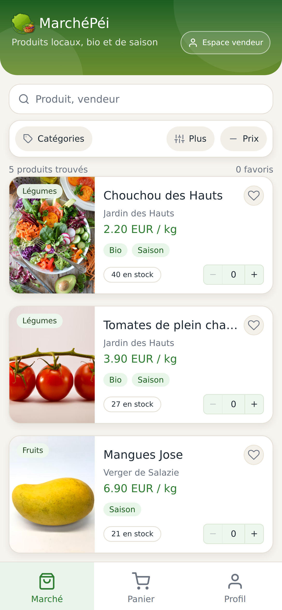 Capture réelle de l’application MarchePei affichant la page catalogue marché